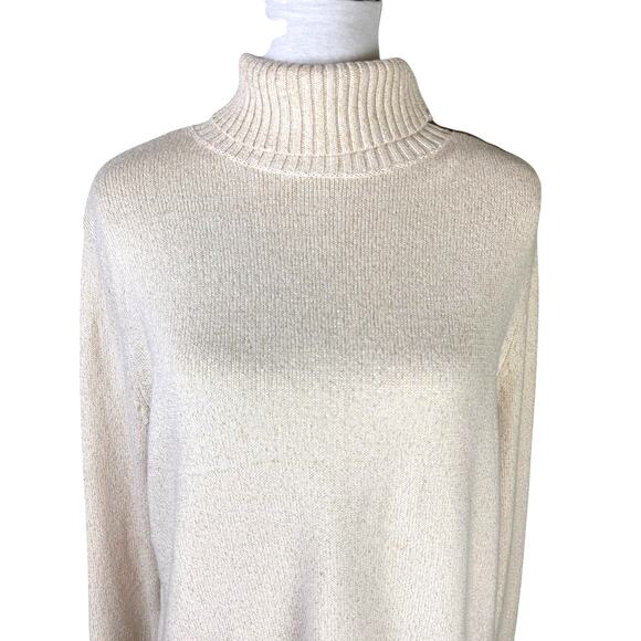 Charter Club Cream & Gold Metallic Knit Zipper Suede Trim Turtleneck Sweater - Picture 3 of 10